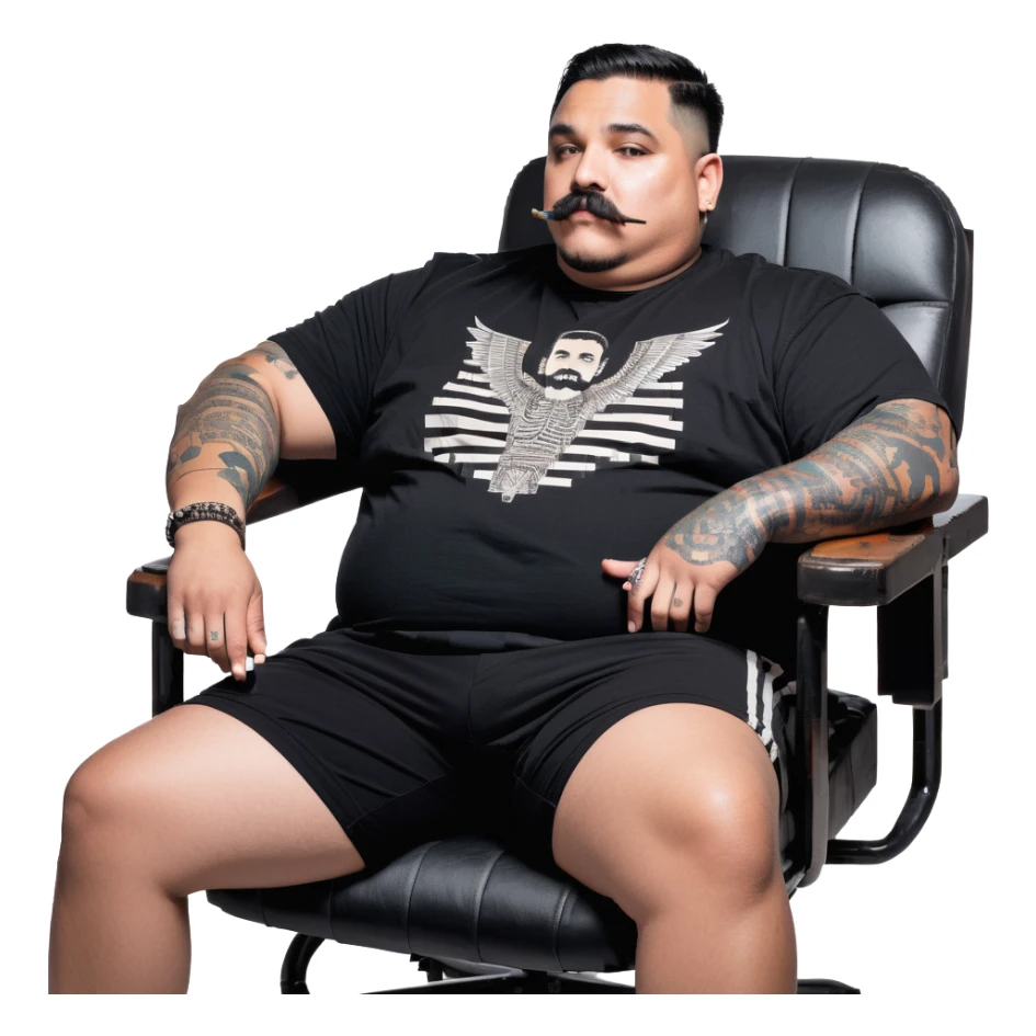Large man reclining in chair, legs spread, smoking a cigarette, round face, very short black hair, beard and mustache, light skin, black t-shirt with light stripes at top riding up to show belly, black shorts, arms covered in black graphic tattoo patterns sticker