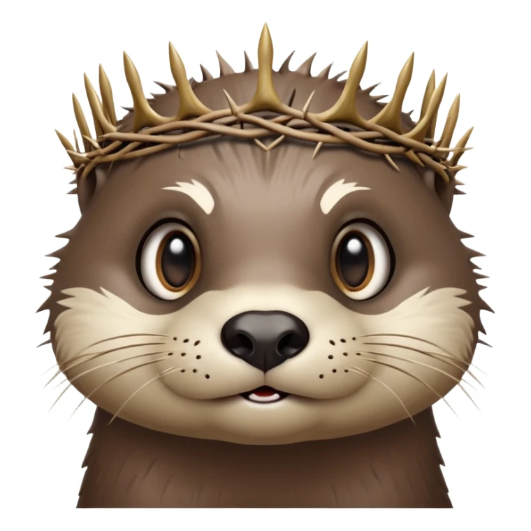 really cute confused otter face with simple thorny stem wrapped horizontally around its forehead like Jesus Christ's Crown of thorns, no crown shape on top, just thin spiky branches circling the forehead, very cartoony and expressive face, big eyes sticker
