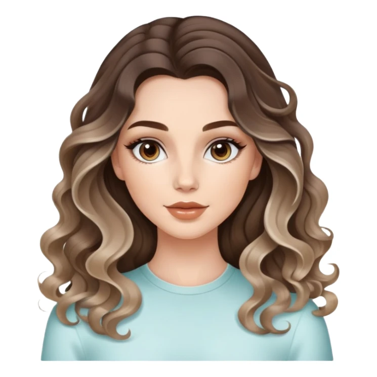 beautiful brunette with a light balayage white girl with nice curls/defined waves, very long hair, clean girl makeup APPLYING A SKINCARE MASK sticker