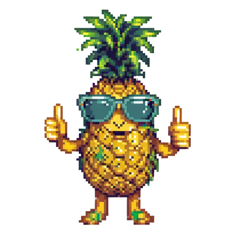 pixel art pineapple with sunglasses, smiling, giving a thumbs up sticker