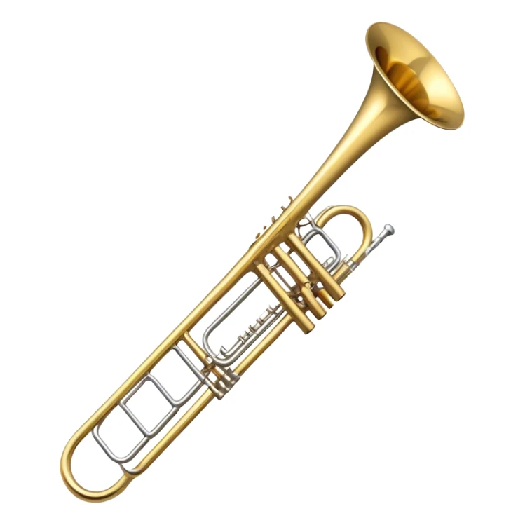 Create a sleek and professional emoji representing the Brahner TB-420 Bb/F tenor trombone. The design should feature the smooth, shiny brass body of the trombone with its distinct curved tubing and large bell. Highlight the tuning slide and the mouthpiece at the top of the instrument. The brass finish should be polished and reflective, with silver accents on the mouthpiece and tuning slide. Add subtle musical notes or soundwaves floating around the trombone to evoke its bold, brassy sound. Use golden and brass tones for the trombone with light reflections to emphasize its high-quality craftsmanship. The background should be transparent. sticker