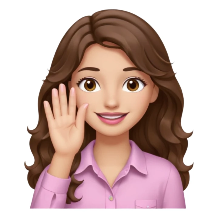 girl with wavy long brown hair, brown eyes, light to medium complexion, long lashes, light pink lipstick, wearing light pink shirt, smiling, hand covering eyes sticker