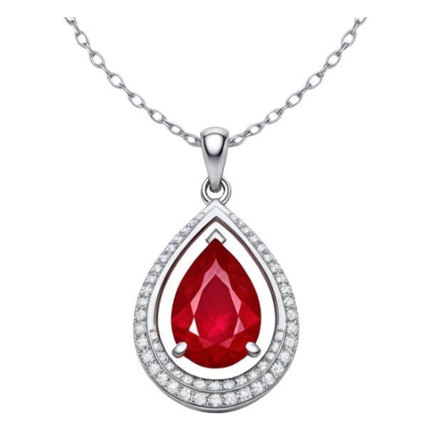 teardrop ruby pendant pulsing fiery red, cradled in a floating silver chain, haloed by glistening white stones like stardust sticker