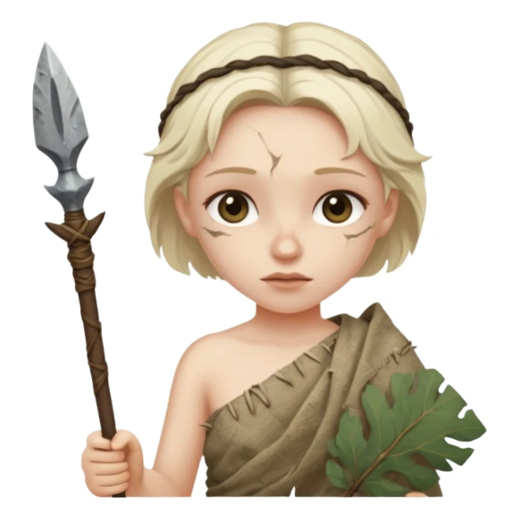 ancient girl, tattered leaf cloth, hold broken stone spear sticker