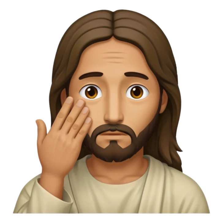 my workmate accidentally misspelled "Jesus christ" as "Jesbus christ", make an emoji of jesus with his hands on his face looking like hes ironically in pain sticker