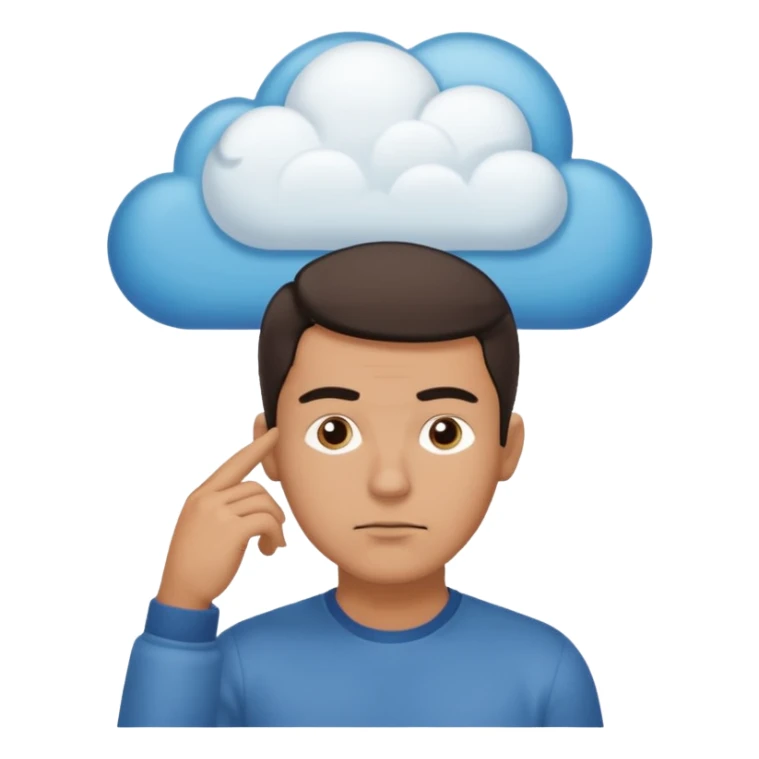 Casually dressed man with one hand on his chin, eyebrows slightly furrowed. A thinking cloud floats above his head containing a critical-thinking symbol (like a question mark, magnifying glass, or logic icon). Realistic emoji aesthetic, clean-shaven, soft neutral background sticker