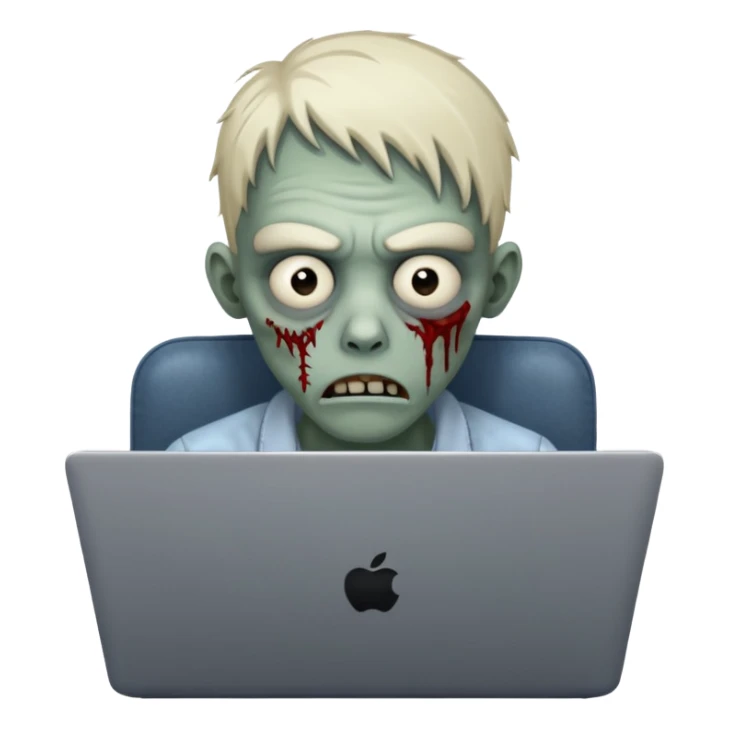 A tired sad zombie behind a laptop sticker