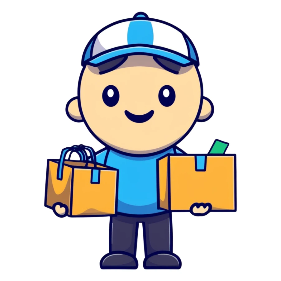 A cheerful character with delivery boxes and a clipboard, representing a reliable supplier sticker