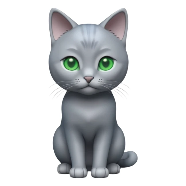 A 3D cartoon Russian Blue cat in cool silver-gray tone, smooth fur, green eyes, sleek lighting, cinematic 3D Memoji style. full body or half body. sticker