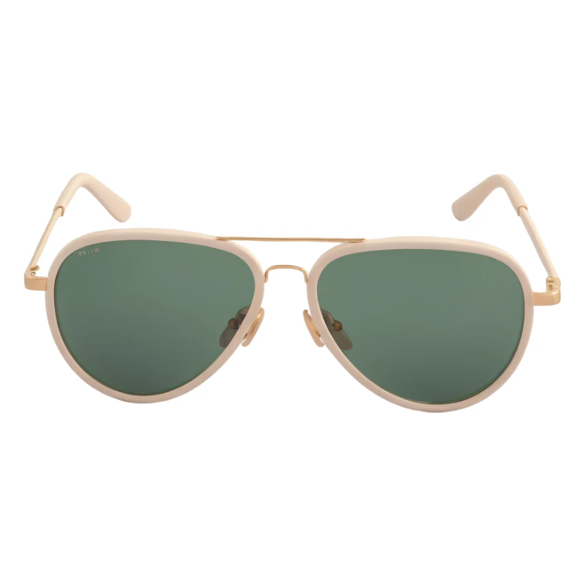 aviator sunglasses with light beige frame and dark green lenses, simple shapes, no text, minimalist style sticker