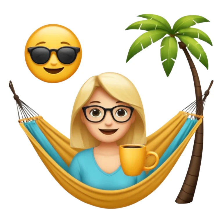 Créer un emoji stylisé et coloré représentant le week-end, joyeux et relaxant. L’emoji doit être rond, lumineux, avec un visage souriant ou des lunettes de soleil teint noir. Ajouter des éléments évoquant le repos ou le plaisir : café, hamac, soleil, musique, détente.  sticker