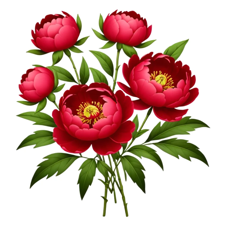 bouquet red Peony, luxuriant, stem, leaf, bud sticker