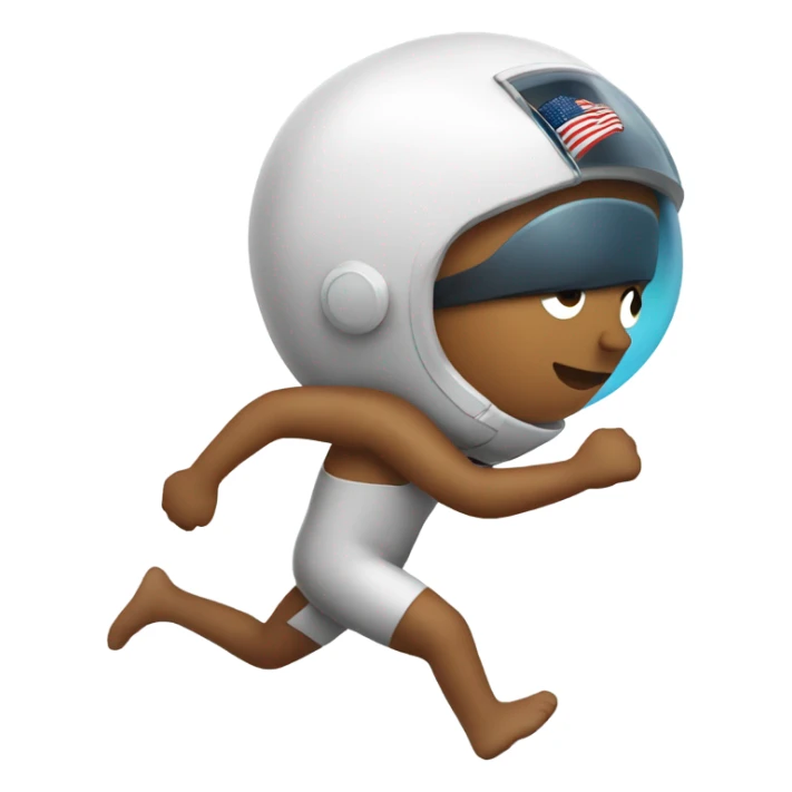a person running with an astronaut hat and a swimming suit sticker