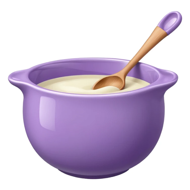 a lilac ceramic mixing bowl with a wooden spoon stirring sticker