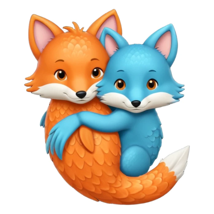 One orange fish and one teal blue fox, that are hugging or cuddling each other sticker