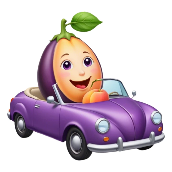 Eggplant sitting on car eating peach sticker