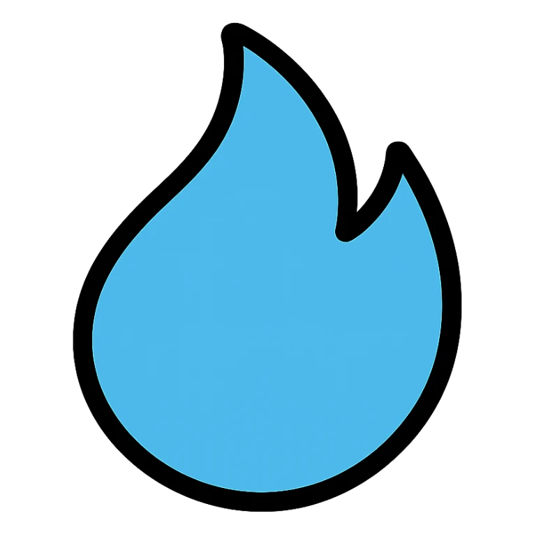 blue abstract flame shape, bold black outline, geometric style sticker