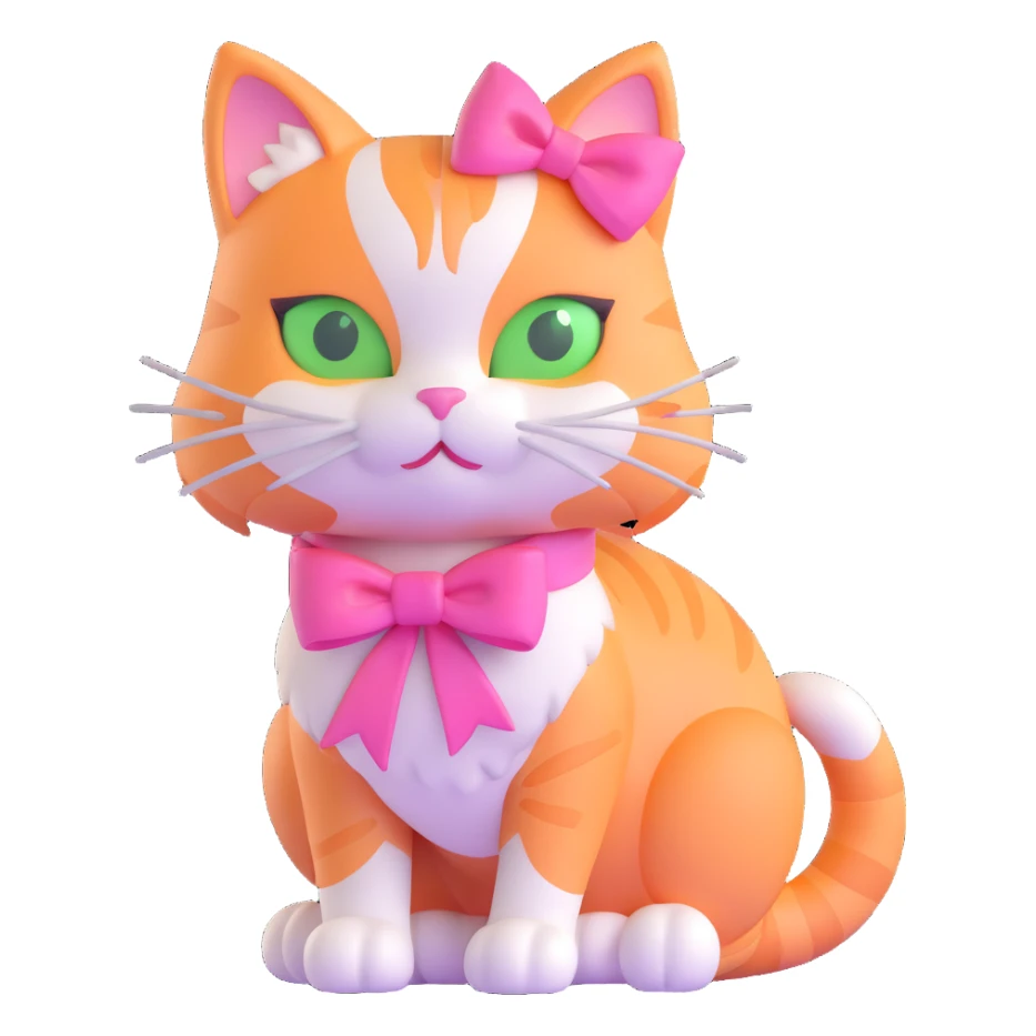 3D iOS style cat with a pink bow, green eyes, and light orange fur sticker