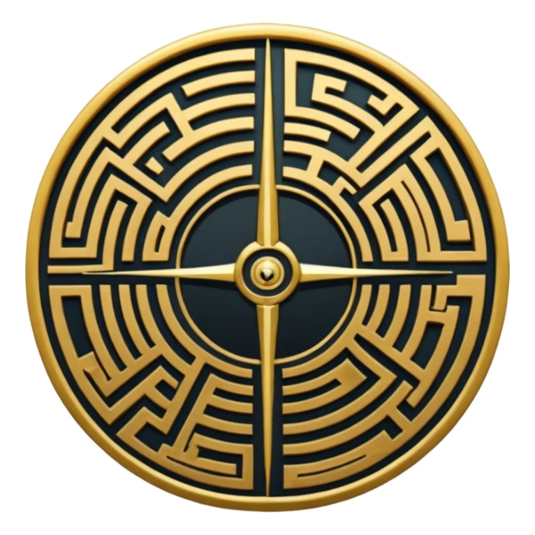 A vertical sword in the center of a circular maze, inside of which is embedded a thin astrolabe. The lines are strict, geometric, and symmetrical. The material is a dark metal (antimonium). The style is a minimalistic alchemical sign. sticker