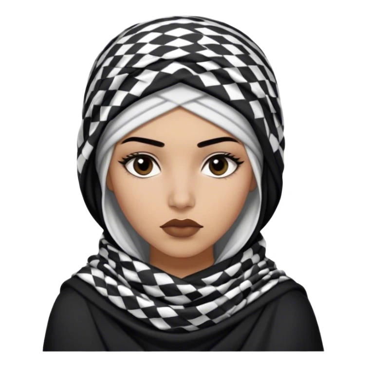 The image features a young woman wearing a black and white keffiyeh wrapped around her head and draped over her shoulders. She has a serious yet confident expression, with full lips slightly pursed and lashes. Her outfit consists of dark clothing.  sticker