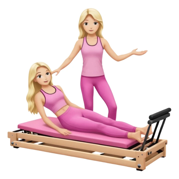 long haired blonde pilates instructor teaching reformer in pink set white reformer bed sticker