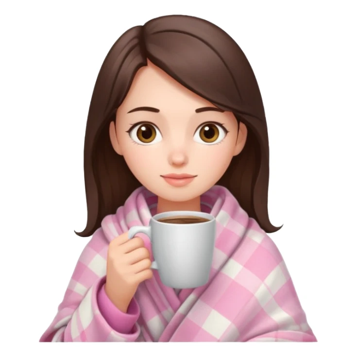 cute brunette girl wrapped in pastel pink plaid blanket drinking coffee sticker