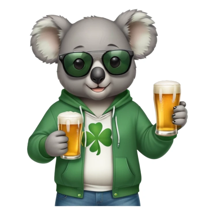 anthropomorphised koala, full body, wearing a hoodie and jeans, dark sunglasses, headphones, dressed for St. Patrick's Day sticker