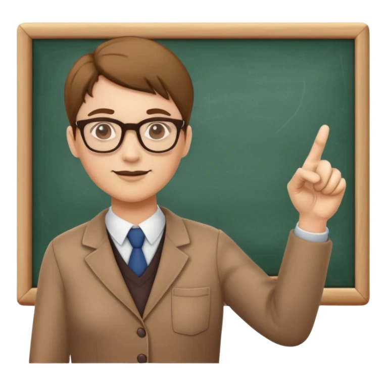Teacher with glasses pointing at a chalkboard sticker