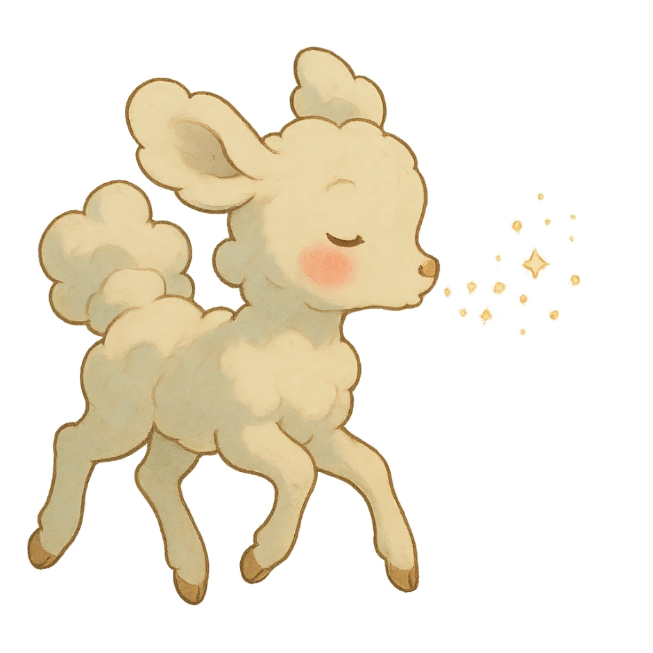 vanilla cloud doe with rosy cheeks, floating and blowing sparkles, ghibli style sticker
