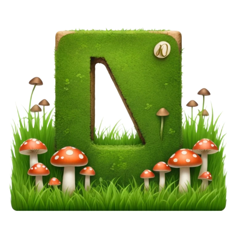 Notion logo as a square block covered in grass with small mushrooms growing on it, letter N visible sticker