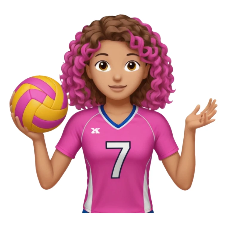 joueuse de volley ball blanche avec des cheveux longs boucles brune avec maillot rose numero 7 et une balle rose debout buste  sticker
