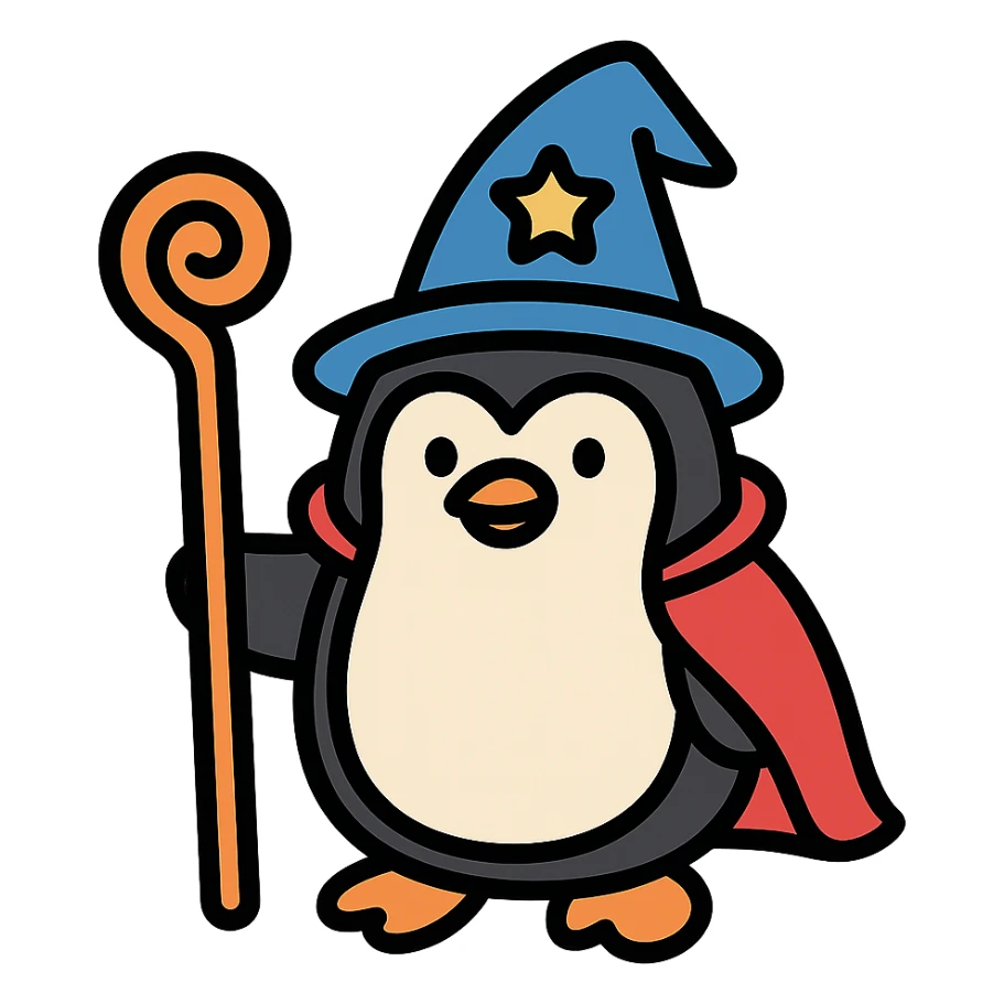 color outline icon of a penguin wizard holding a staff sticker