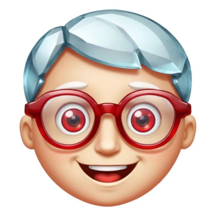 A single crystal gemstone character wearing glasses, chunky and irregular with faceted very sharp sides, [red], big glossy eyes behind the glasses and a wide happy smile, , high detail, soft lighting, centered on a plain dark background sticker