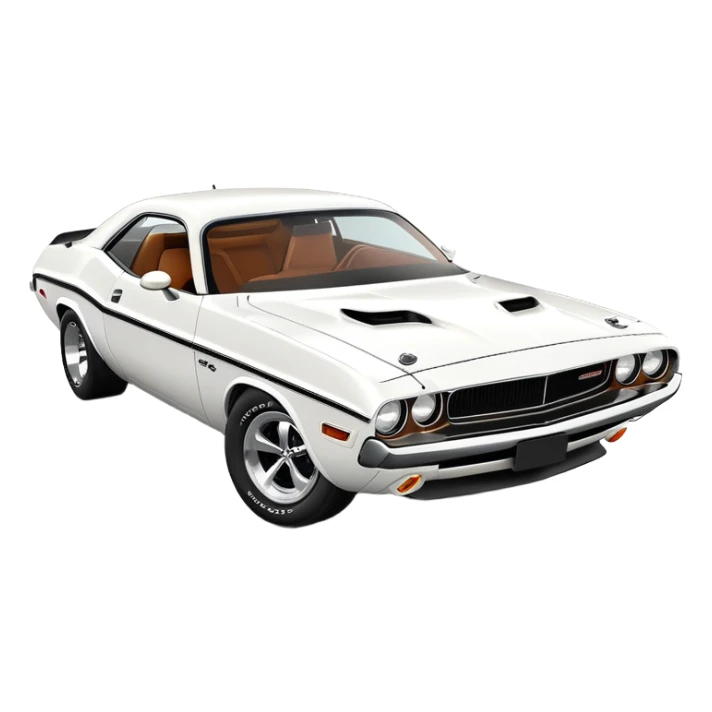 Anatomically correct white 1971 Dodge Challenger muscle car, proper 30-degree angle view, maintaining authentic proportions and structure, highly detailed but minimalist, pure white exterior, iOS emoji style sticker