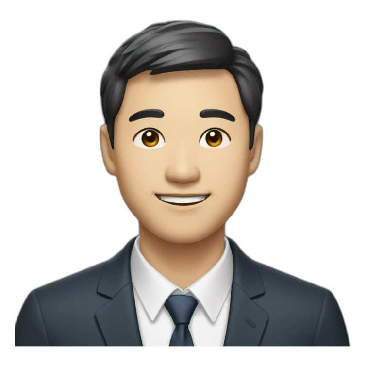 A Korean man with a slightly parted front bangs, bright smile, and semi-formal suit sticker