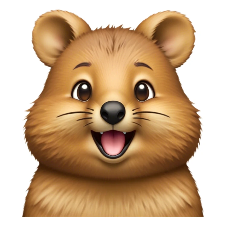 Cinematic Comical Quokka Portrait Emoji, Head tilted dramatically with an exaggeratedly amused expression, featuring a quirky, fluffy brown fur with a wide, playful grin and expressive eyes filled with humorous disbelief, Simplified yet hilariously expressive features, highly detailed, glowing with a slightly sassy glow, high shine, dramatic yet playful, stylized with an air of cheeky marsupial mischief, bright and endearing, soft glowing outline, capturing the essence of a spirited and over‐the‐top quokka, so meme‐worthy it feels like it could beam its way into internet fame instantly! sticker