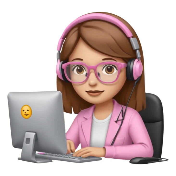 woman emoji with light pink glasses working on computer, light skin, long medium brown hair sticker