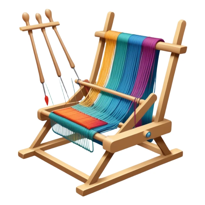 Weaving icon, loom with threads in various colors, visible shuttle, spools of yarn, and weaving tools in progress, fabric being woven, minimalistic style, clean lines, transparent background. sticker