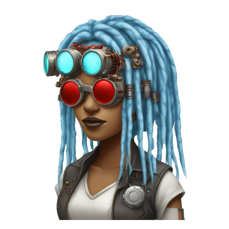 Light blue long dreadlocks female cyborg head with red steampunk goggles and circuits sticker