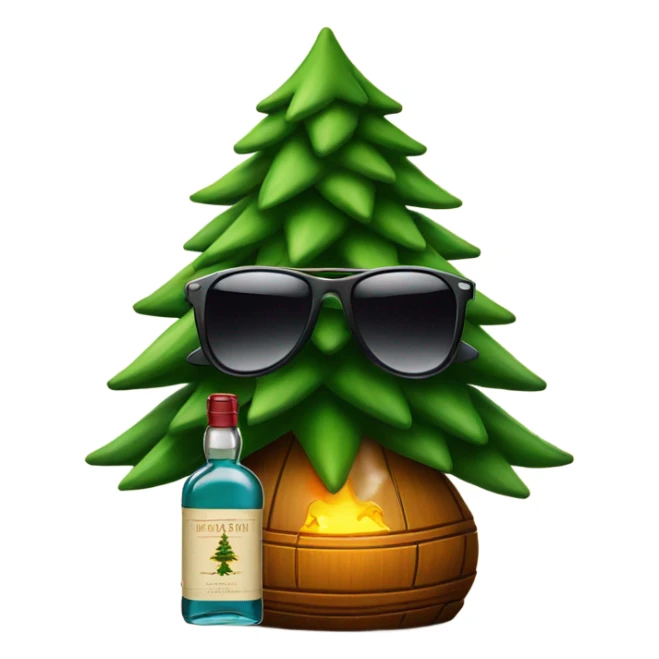 Christmas tree with sunglasses and a bottle of whisky sticker