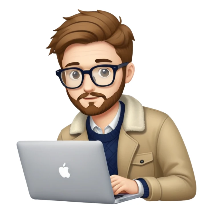 college stylish British  hipster man with MacBook with glasses sticker