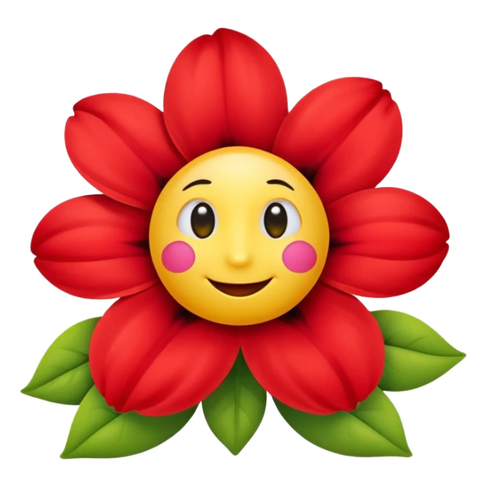 A flower with round yellow face with soft gradients, large glossy black cartoon eyes, and a simple curved smile. Surrounding bright red inflated petals with smooth shading and soft reflections. sticker