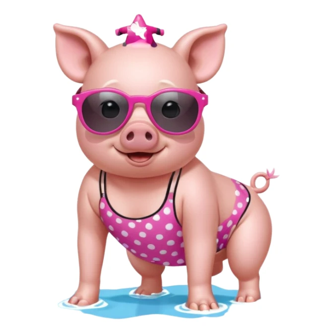 cute pig wearing cool star-shaped sunglasses and polka dot bathing suit on all fours  sticker