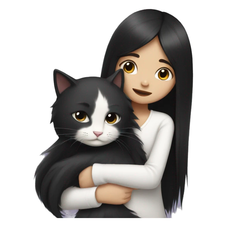 girl with very long black hair and  hugging a white cat sticker