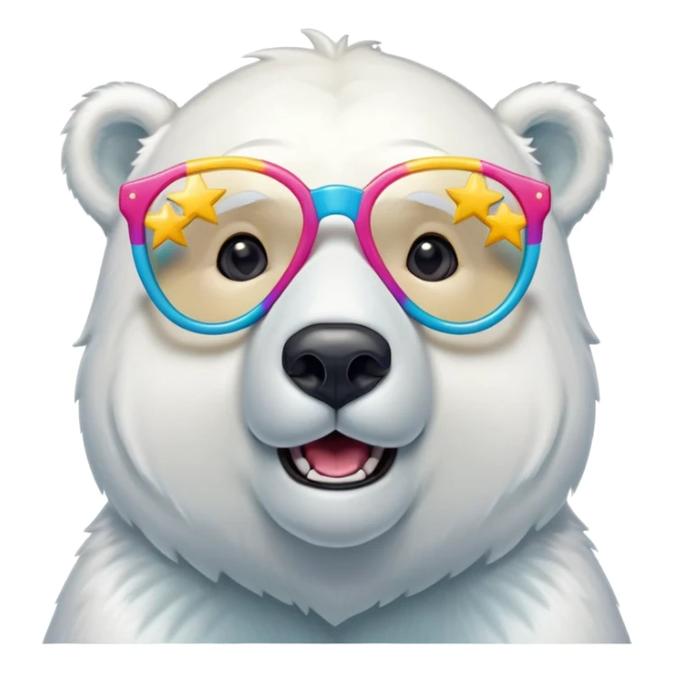 head and shoulders of a friendly anthropomorphised polar bear wearing oversized colorful star glasses, excited expression sticker