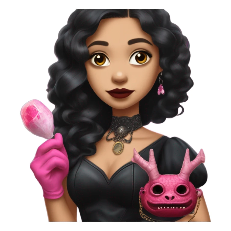 provocatively flirty Lavish black evening gown with see-through gloves, Jenna Ortega as Addams woman prom queen wearing a steampunk mini tiara, very large blood  pink evil-looking horned old dragon purse sticker