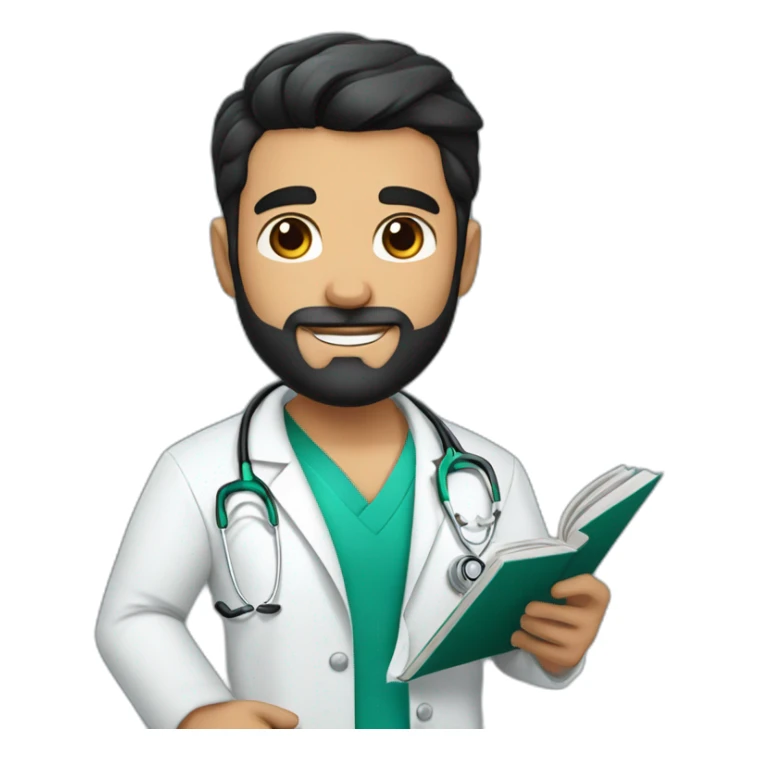 young spanish surgeon with black hair, black beard and stethoscope,reading a book sticker