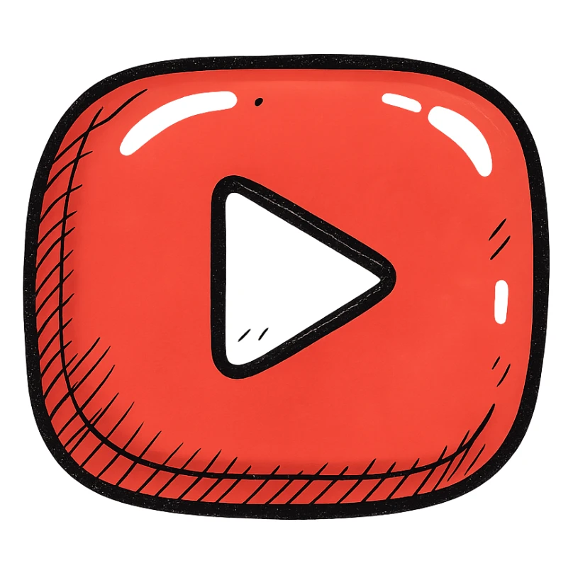 chubby playful YouTube play button in red, soft inflated rounded form, bold black outline, strong shadows, shiny highlights, no background, juicy inflated cartoon style sticker