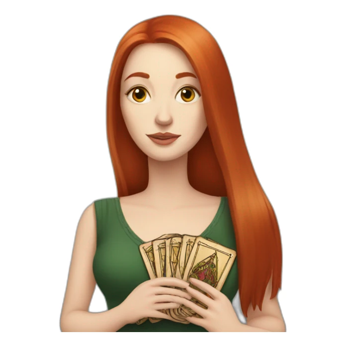 redhead white woman medium long straight hair, holding a tarot card in her hand sticker