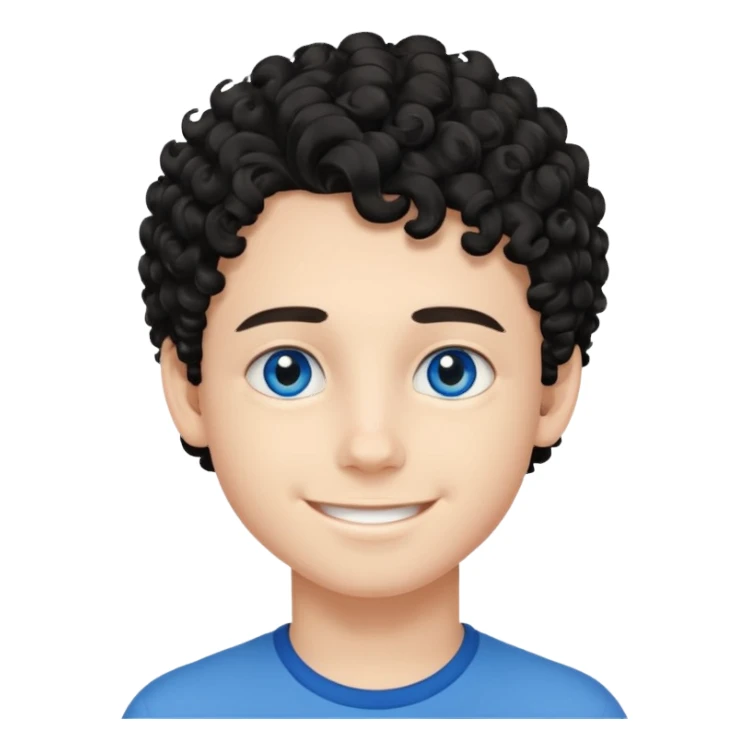 boy, young face like 18 years, blue eyes, medium curly hair black, easy smile sticker